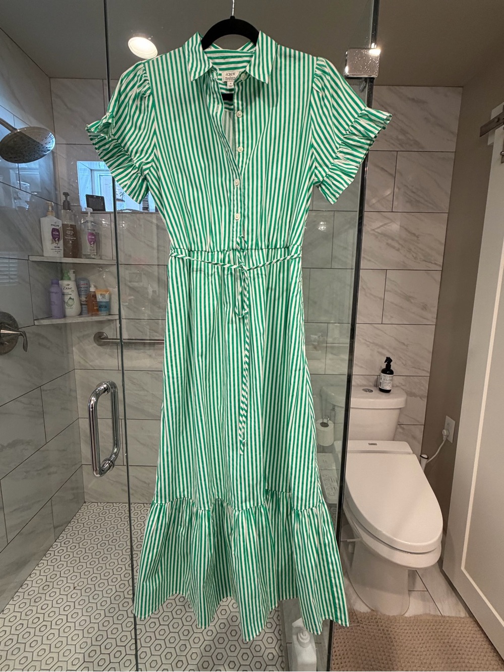 J Crew Green Striped Button-Front Maxi Dress